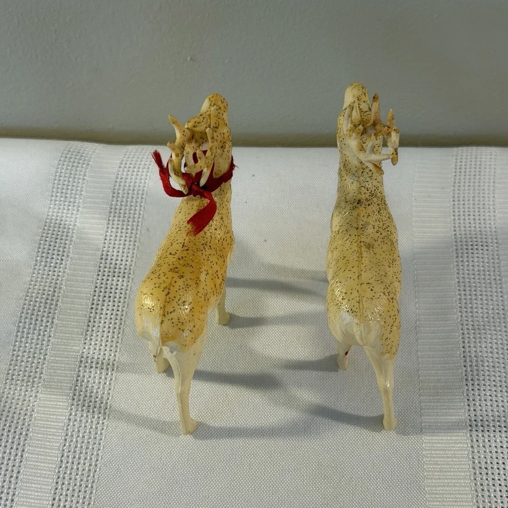 2 Thin Celluloid 1950's Reindeers Japan Christmas Figurine 3.5